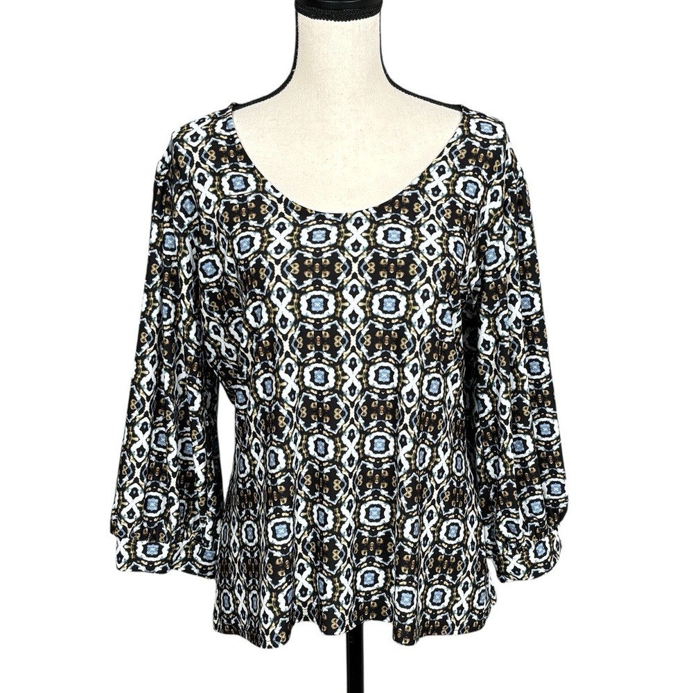 Boho Medallion Print Balloon Sleeve Liquid Knit Top Women XL Chic Stretch Earthy